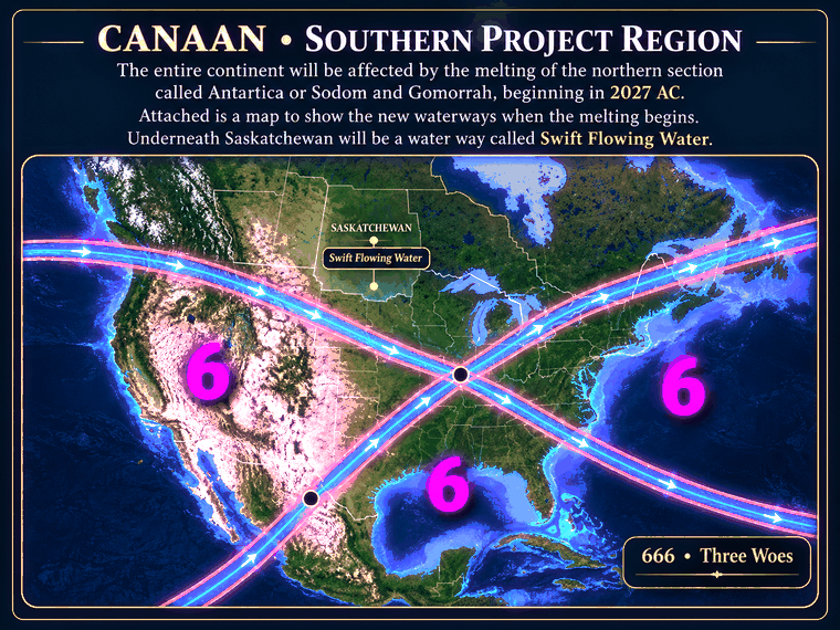 Animated user-supplied project map labeled with three sixes and curved lines across North America, showing projected waterways